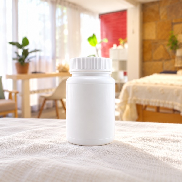 Illustrative: a single unlabelled white herbal granule bottle with a ribbed cap stands on a linen cloth in a sunlit room with a stone wall.