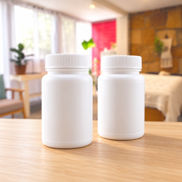 Illustrative: two plain white granule bottles side by side on a wooden table, a red blind and stone wall softly blurred behind them.
