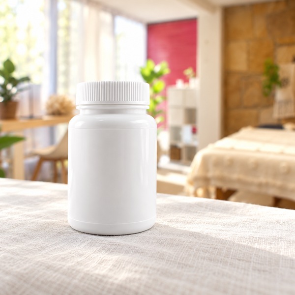 Illustrative: one white bottle for herbal granules sits on a woven linen surface, its ribbed screw cap catching bright window light.
