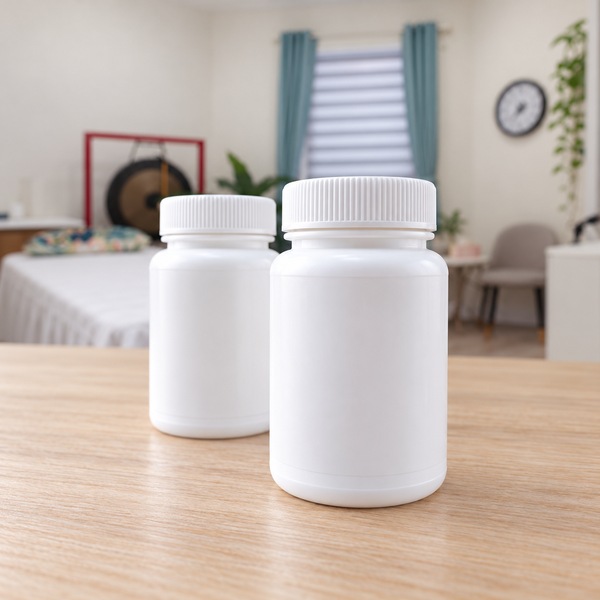 Illustrative: two unlabelled white bottles staggered on a wooden bench, with a gong, teal curtains and a wall clock out of focus behind.