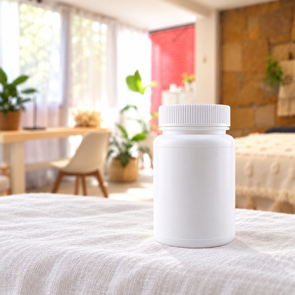 Illustrative: a lone white granule bottle stands to the right on a pale treatment table, a dining chair and plants blurred in the background.
