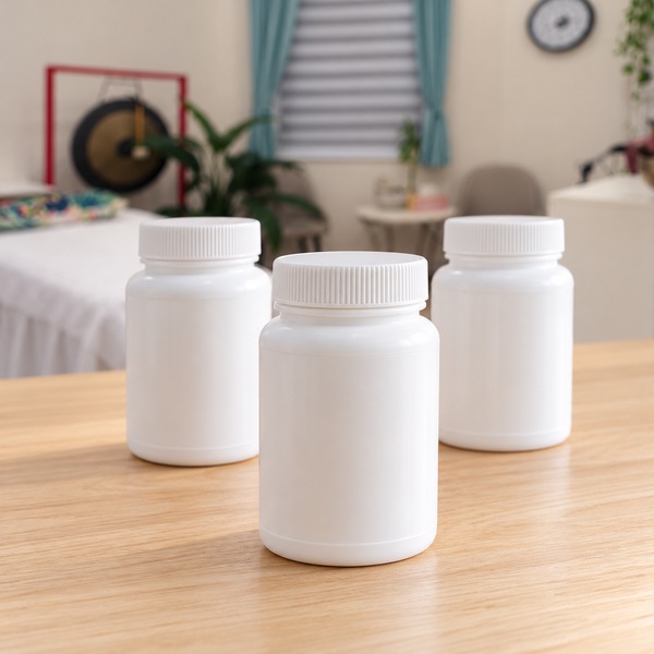 Illustrative: three plain white herbal granule bottles arranged in a triangle on a light wooden table in a room with a gong and teal curtains.