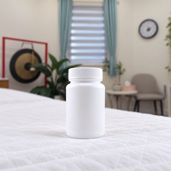 Illustrative: a small white bottle with a ribbed cap is centred on a quilted white treatment table cover, with a gong and armchair behind.