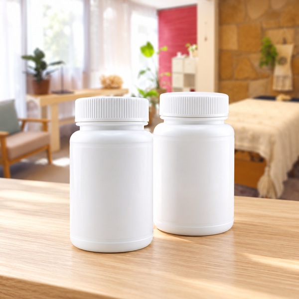 Illustrative: a pair of identical white bottles on a sunlit timber table casting shadows to the right, with a tasselled bed cover beyond.