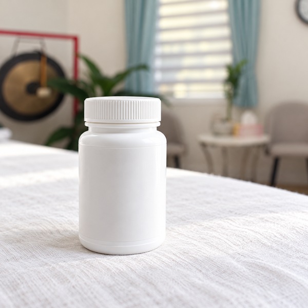 Illustrative: a white granule bottle rests on a soft white cloth, with a gong, striped blind and side table softly blurred behind it.