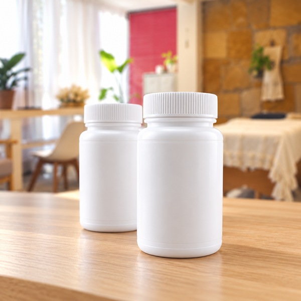 Illustrative: two blank white bottles, one set slightly behind the other, on a wooden table with a red blind and stone wall in the distance.