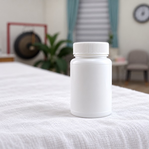 Illustrative: a single label-free white bottle placed off-centre on a textured white towel, teal curtains and a grey chair in soft focus.