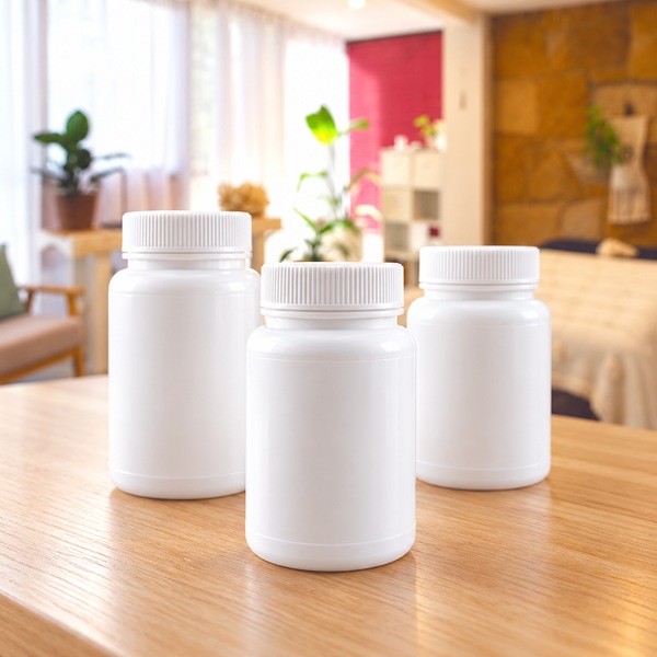 Illustrative: three white granule bottles, the middle one shorter and further forward, on a warm wooden table in a bright room with a stone wall.