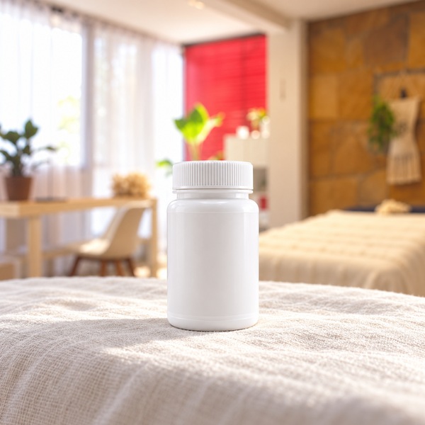 Illustrative: a compact white bottle with a ribbed lid on a cream textured cover, sunlight streaming from tall curtained windows behind.