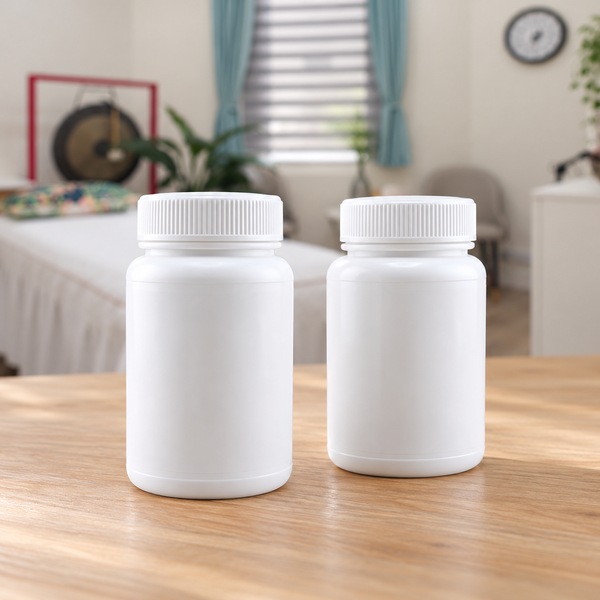 Illustrative: two matching white herbal granule bottles side by side on a timber table, a treatment bed and gong blurred in the background.