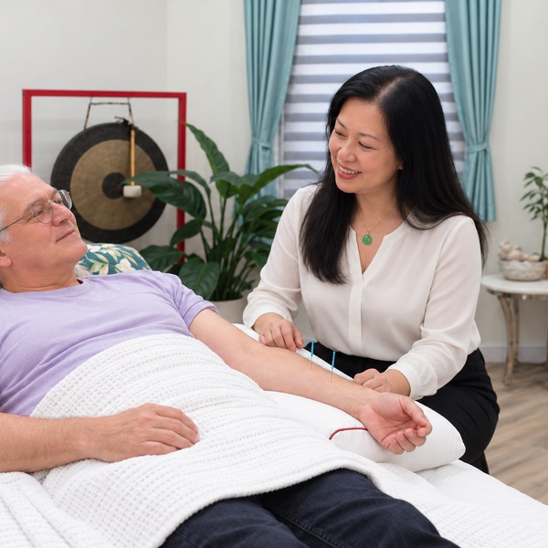 Illustrative, Lane Cove: Dr Christine Shen, Acupuncturist, kneels by an older patient lying under a white blanket with fine needles in his forearm.