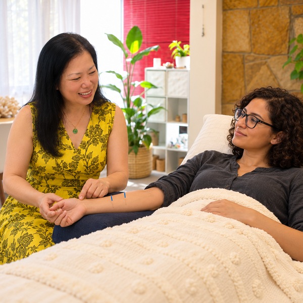 Illustrative, Freshwater: Dr Christine Shen, Acupuncturist, in a yellow dress, holds the hand of a patient in glasses with needles in her forearm.