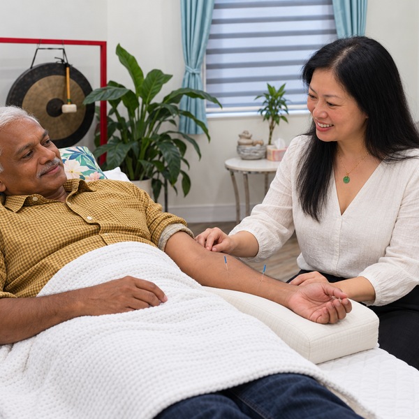 Illustrative, Lane Cove: Dr Christine Shen, Acupuncturist, rests a hand on the arm of an older patient in a checked shirt with needles in his forearm.